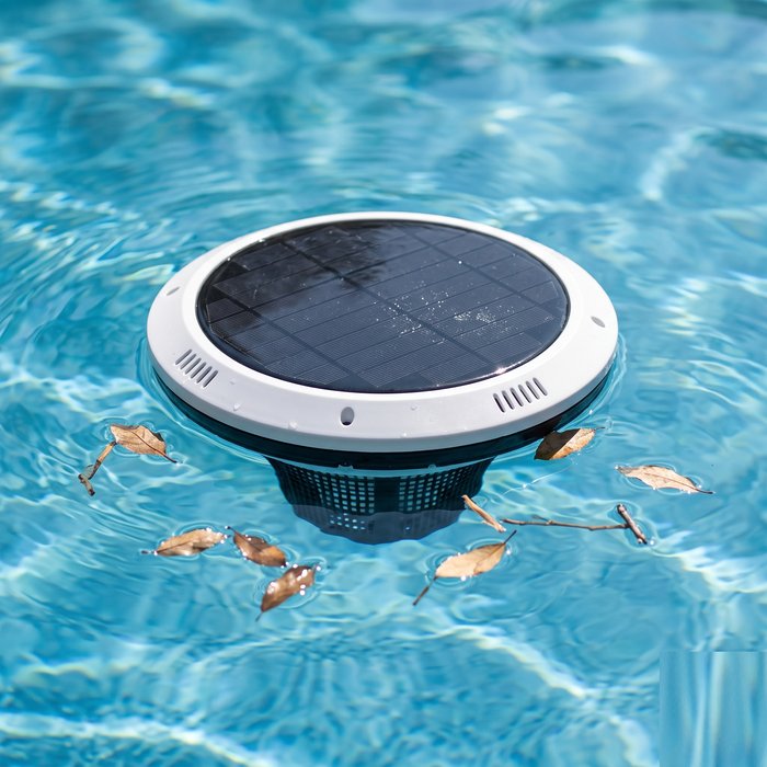 Skimmer flutuante solar circular com painel no topo, boiando na superfície