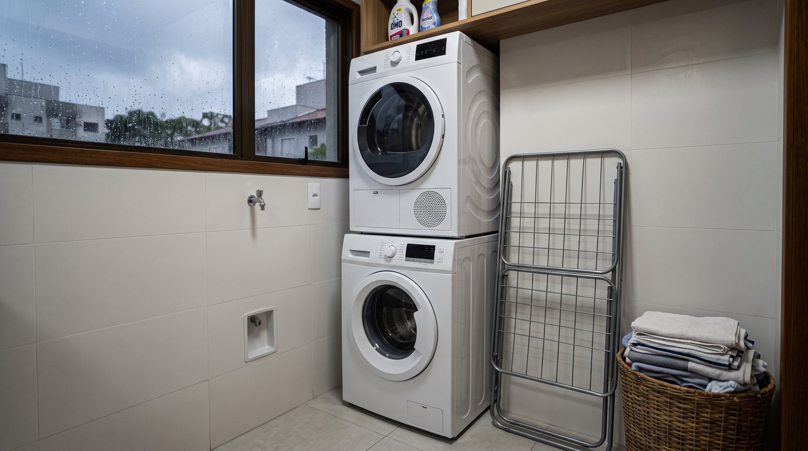 Secadora compacta empilhada sobre a máquina de lavar num apartamento pequeno