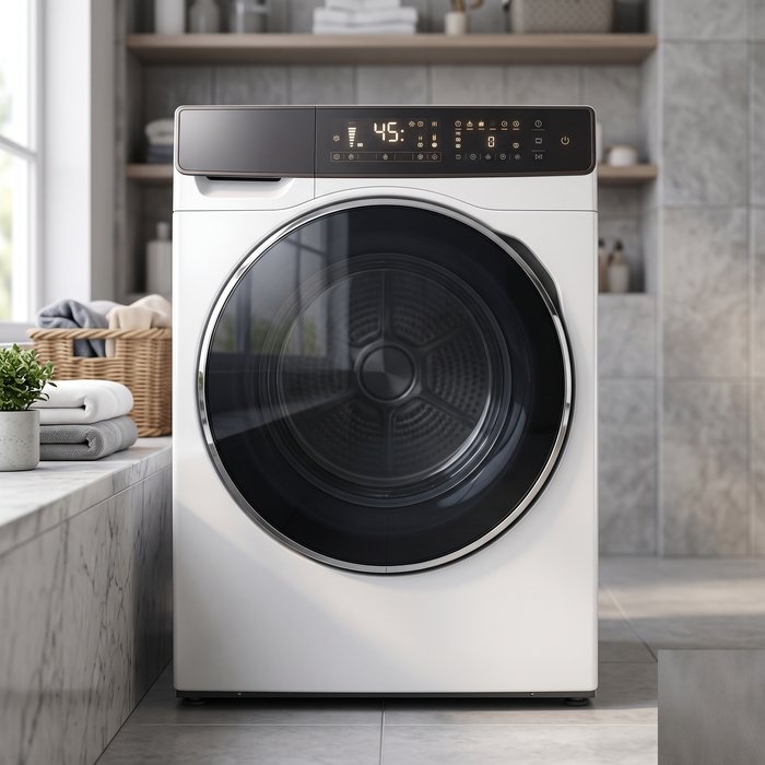 Secadora com bomba de calor, painel digital de programas e porta de vidro grande