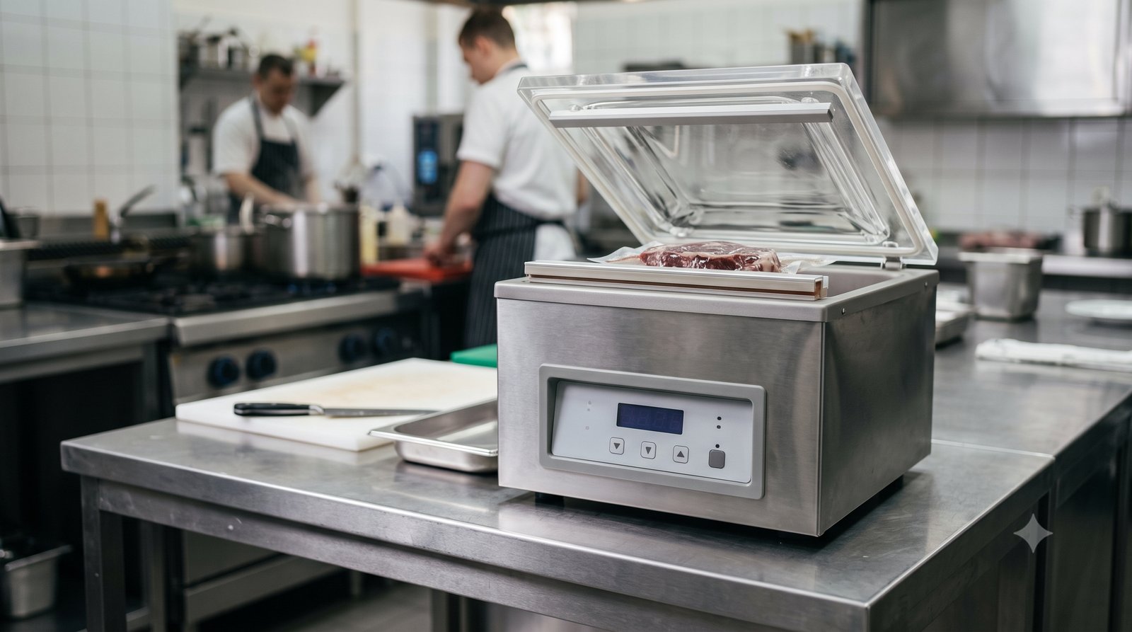 Seladora a vácuo de câmara embalando alimento numa cozinha profissional