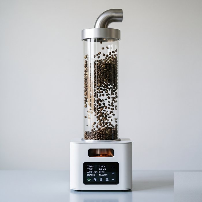Torrador de ar quente de leito fluidizado, com câmara vertical transparente