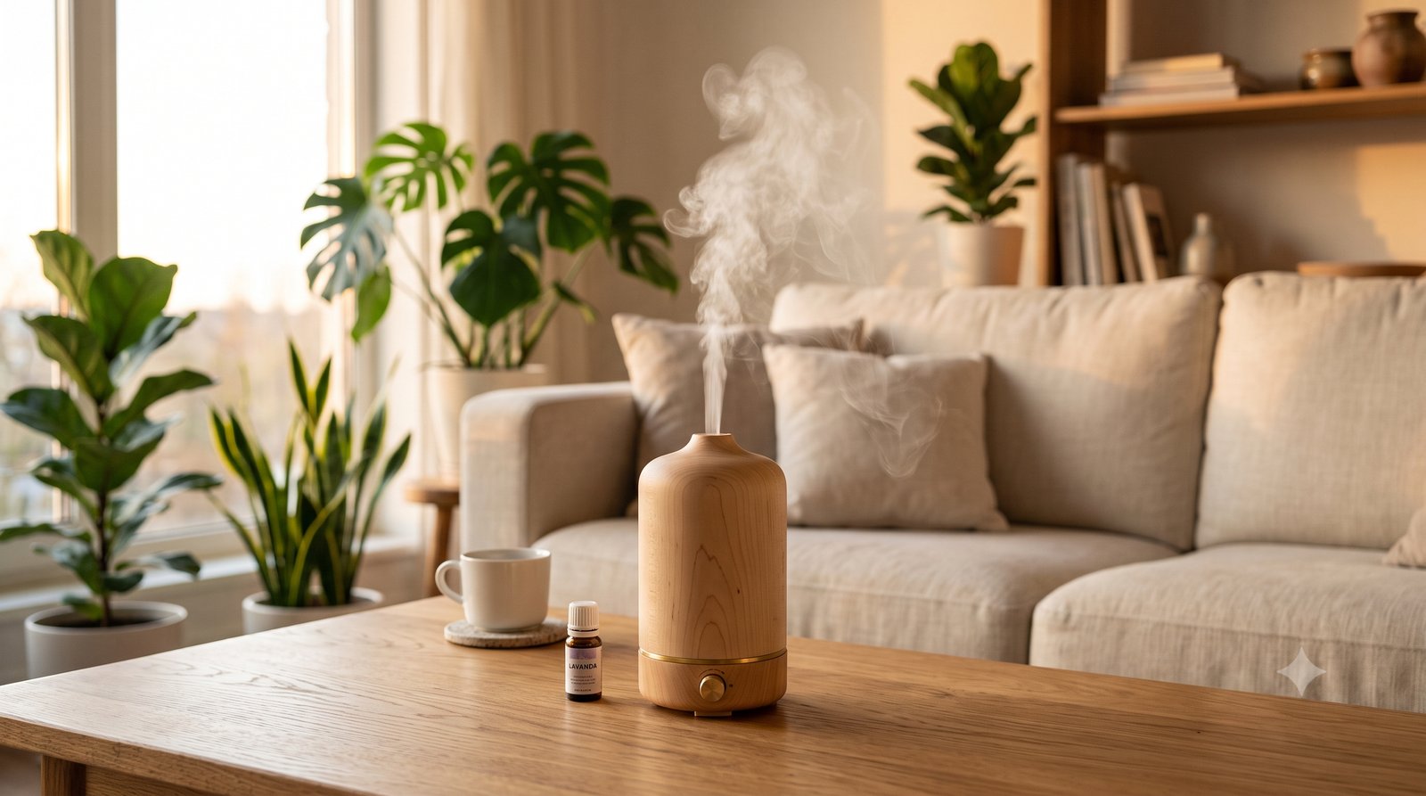 Difusor de aromas ultrassônico de madeira soltando névoa suave sobre uma mesa numa sala aconchegante
